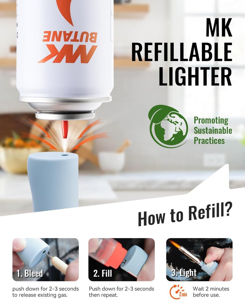 MK Candle Lighter - Butane Refillable Wind-Resistant Flame | 4-Pack for BBQ & Camping Use