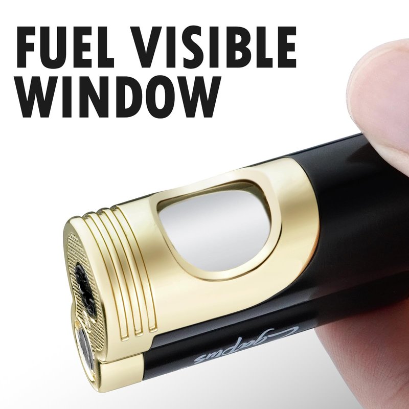 GUEVARA Cigar Butane Torch Lighter with Punch Windproof Double Jet Lighters (Black-Gold)