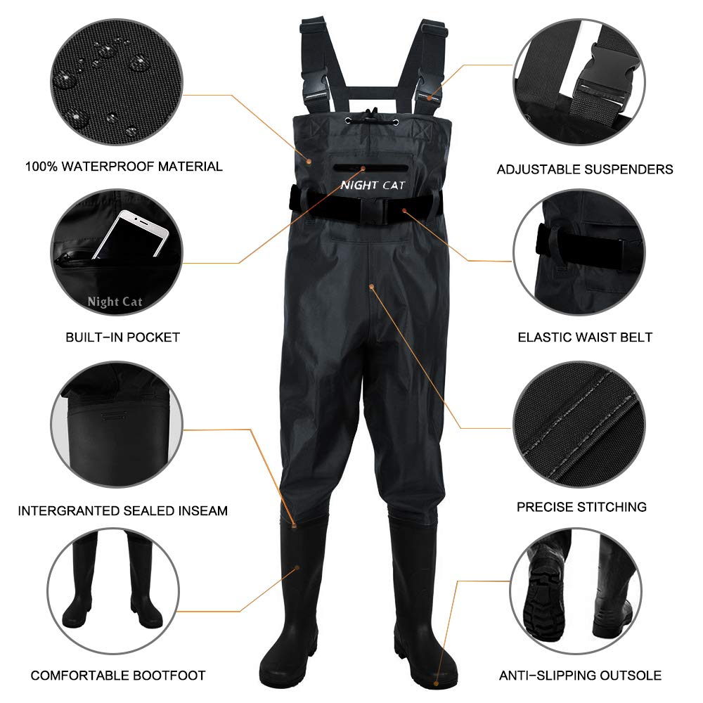 Night Cat Fishing Wader for Men Women Waterproof Hunting Chest Wader with Boots Belt Breathable Lightweight Black Size 10