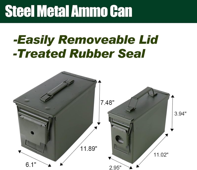 Steel Ammo Can Case Set - 30 Cal & 50 Cal Military Storage Box for Shotgun, Rifle & Nerf Gun Ammo | Durable Flip Top Design