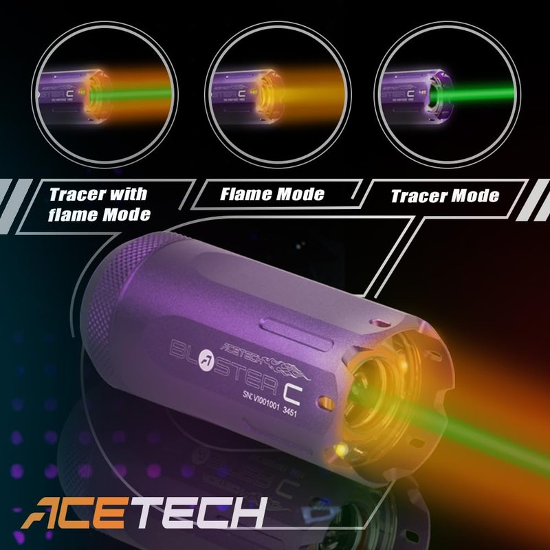 ACETECH Airsoft Pistol/Riffle Tracer Unit Brighter C/Blaster C 14mm CCW Negative Thread M14- to M11+ Adaptor Glow in the Dark Green/Gel BBS LED Beam/Flare Lighting Effect (Blaster C - Flare, Black)