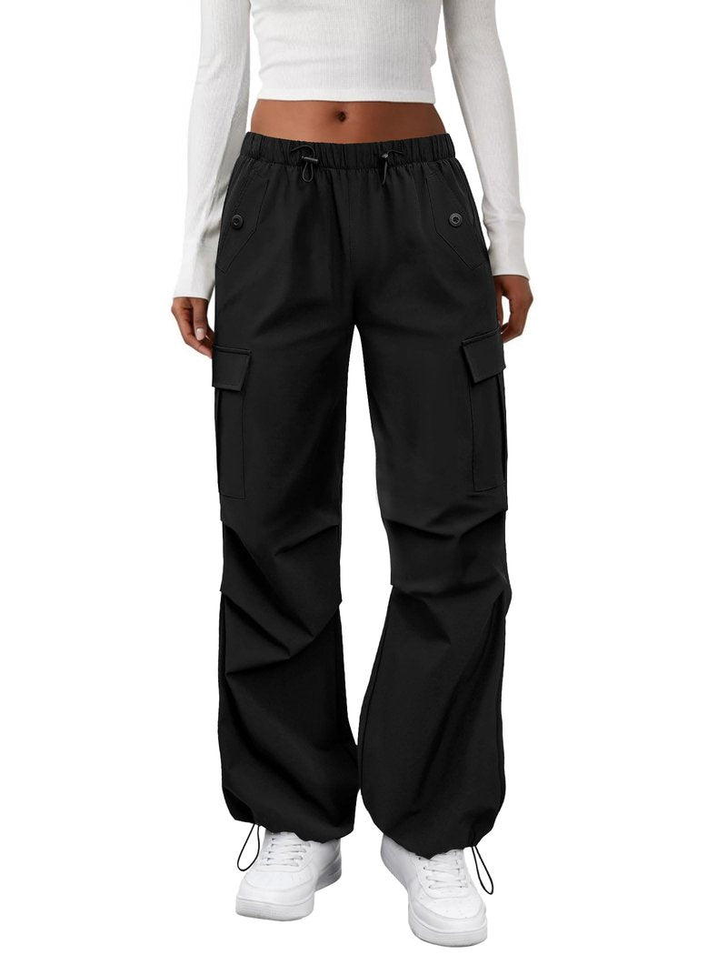 COPYLEAF Cargo Pants Women Elastic Waisted Parachute Hiking Pants with Pockets Water-Resistant Lightweight Baggy Pants(Black S)