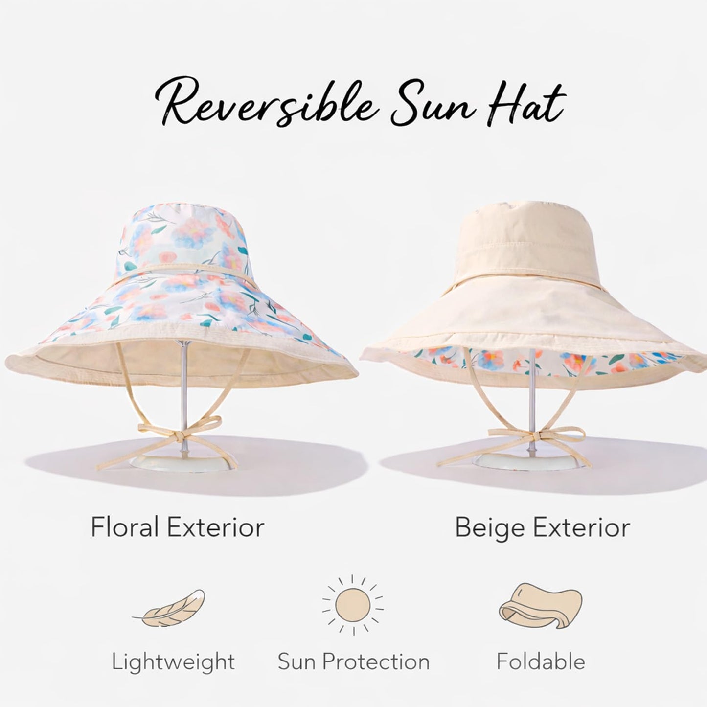Wide Brim Sun Hat for Women Reversible Beach Hats Metal Wired Edge Gardening Hats, UPF 50+ Bucket Summer Hat