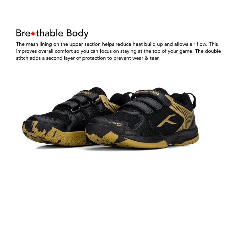 Hundred Court Star Kids Badminton Sports Shoes(Non Marking) | Black-Gold | 3US/2UK/36EU | Lightweight & Durable | X-Cushion Protection | Paddle Pickle | Velcro Closure