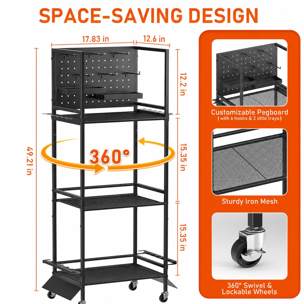GloCryp 12-Rod Fishing Pole Holders for Garage, 3-Shelf Fishing Rod Holder with Pegboard and Trays, 360° Rotatable, Rolling Fishing Storage Cart with Wheels for Tackle Box & Fishing Gear Organization