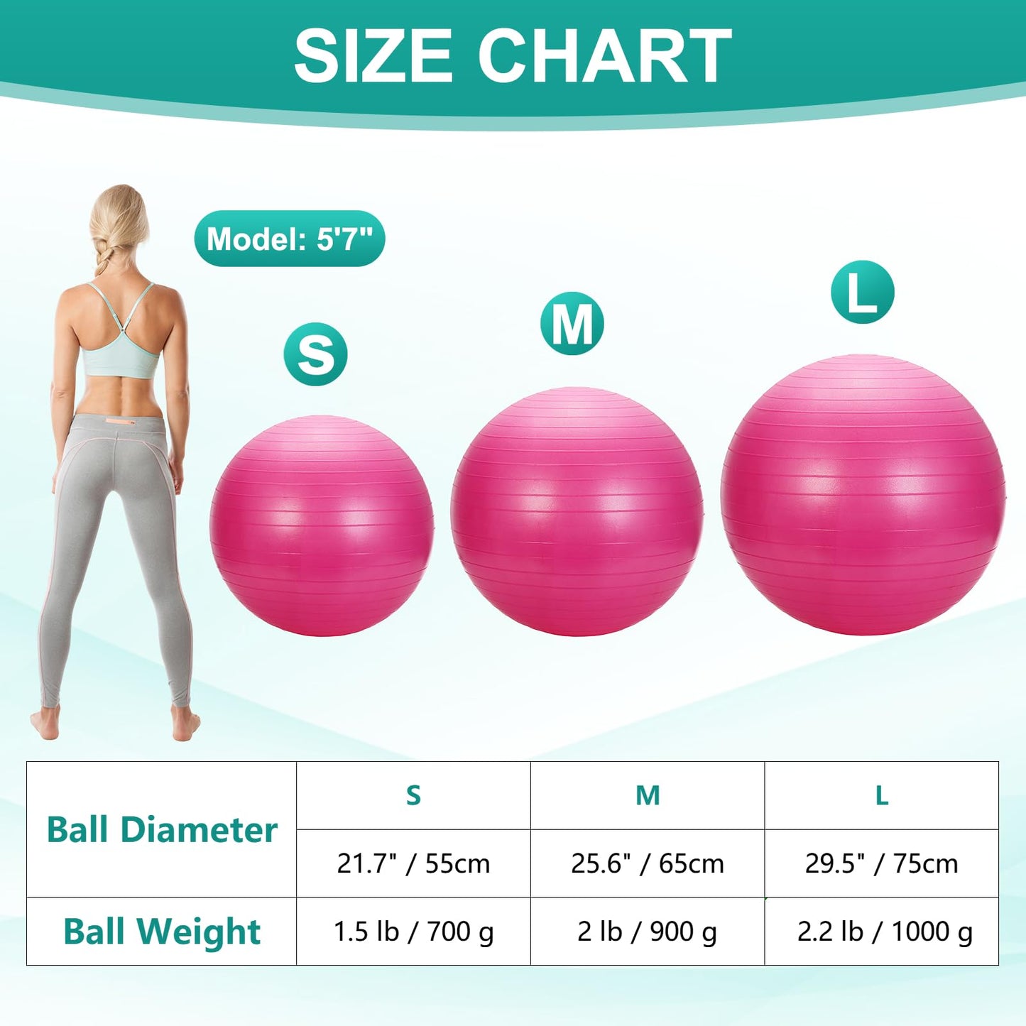 YELARXI Yoga Ball, Exercise Ball 25.6" & PVC & Pink Anti-Slip Stability Pilates Extra Thick Birth Workout with Pump - Fitting for (Gym Balance Fitness Core Workout)