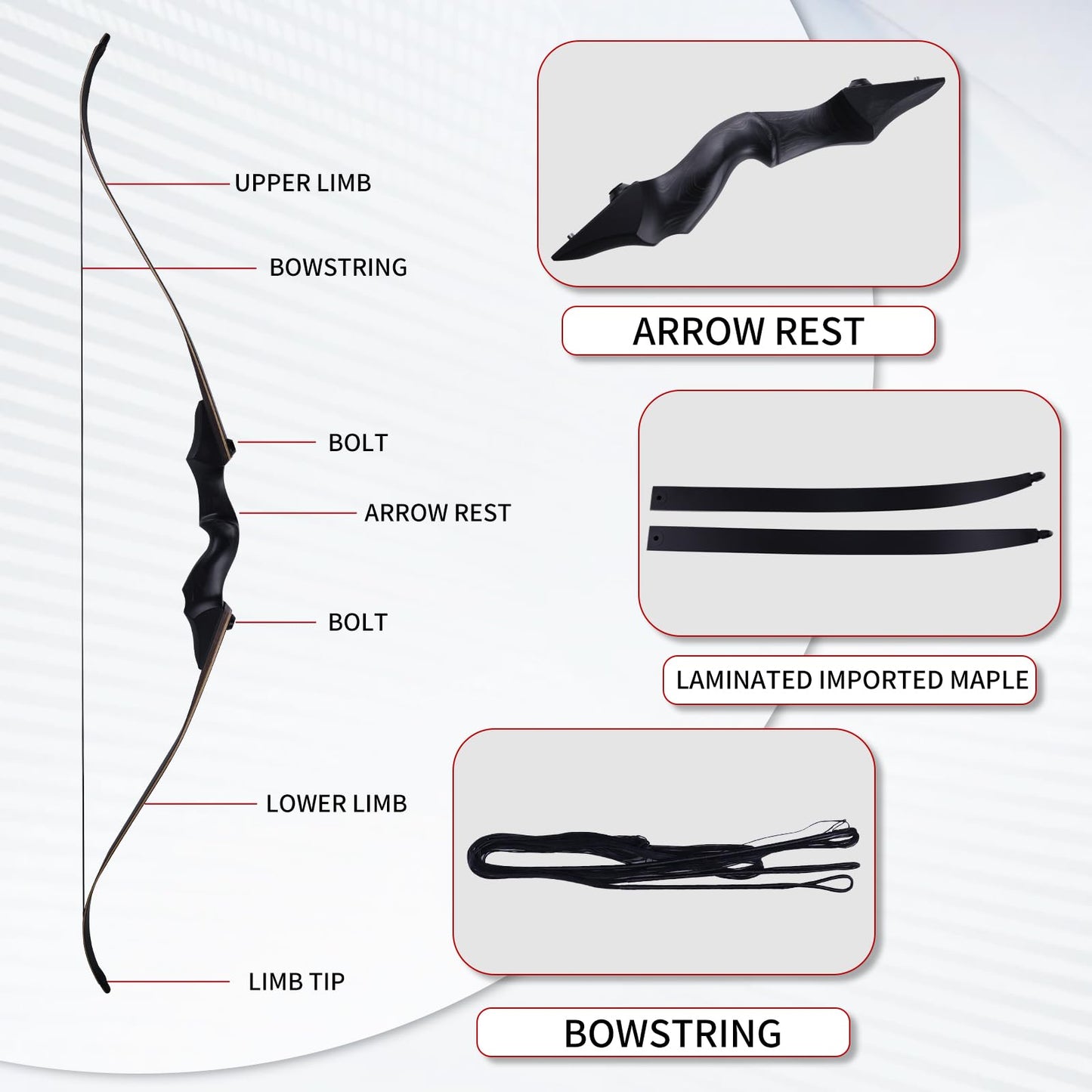Black Hunter Recurve Bow 60" Right-Handed Bow Ergonomically Designed for Comfortable Grip Suitable for Beginners and Longbow Enthusiasts to Train Or Hunt (35LB Bow Without Arrow Set)