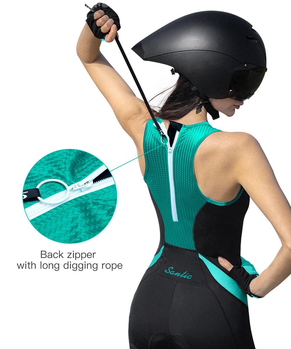 Santic Triathlon Suit for Women tri Suit Back Zipper One-Piece Swimsuits Quick-Dry with Padding(Green,M)