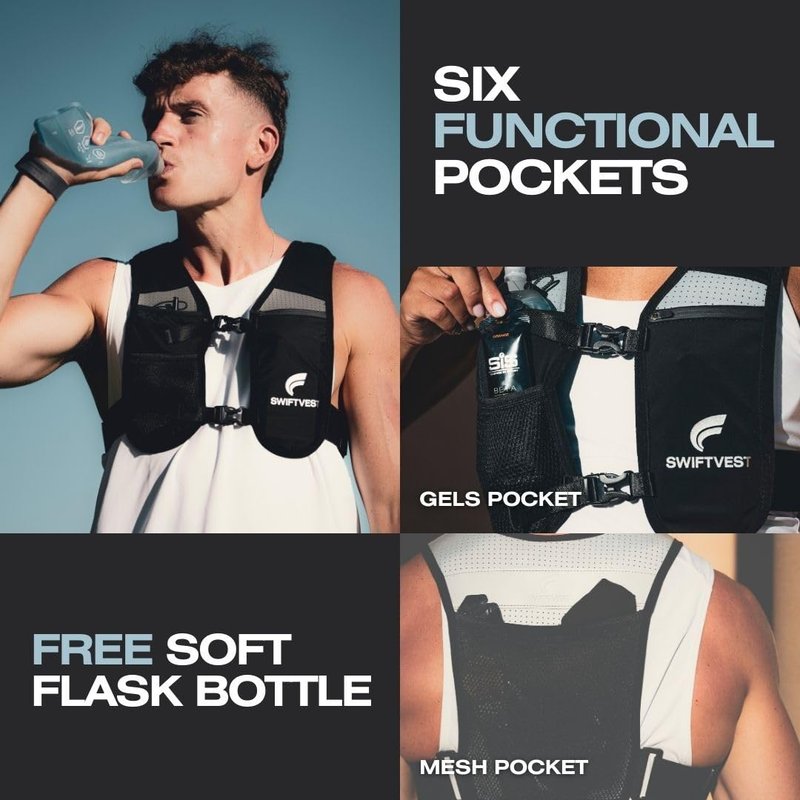 SWIFTVEST Running Vest for Women & Men with Water Bottle | Lightweight Hydration Vest | Reflective Running Gear | Adjustable Fit | 6 Pockets | Phone Holder for Runners