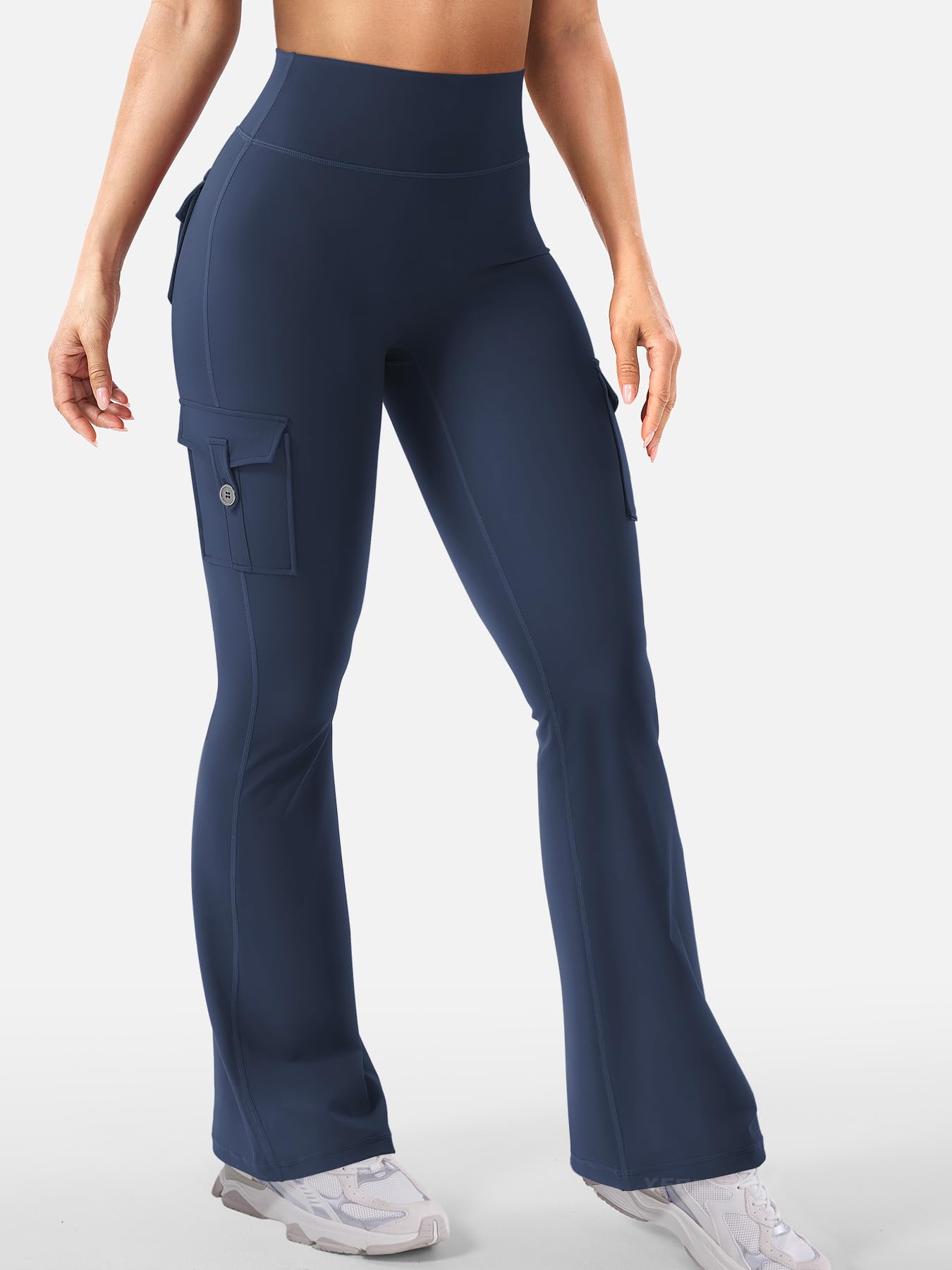 YEOREO CoreFlex Women Workout Flare Leggings with Pockets Hidden Scrunch High Waisted Cargo Gym Yoga No Front Seam Leggings Blue Navy S