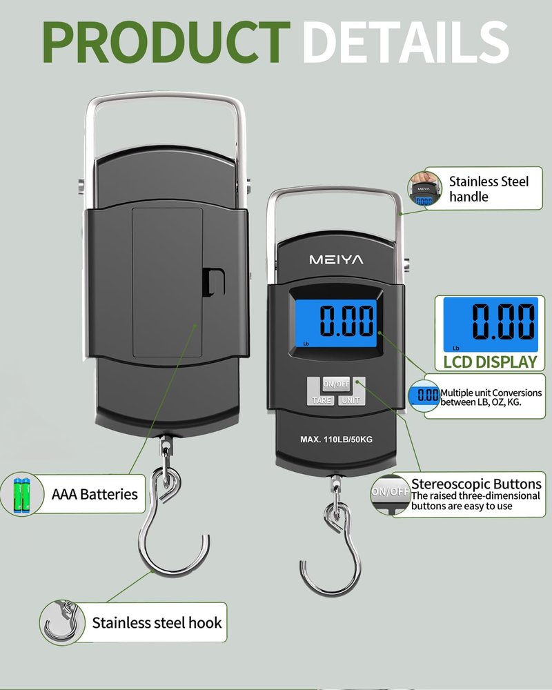 Digital Fishing Scale - 110lb/50kg Capacity, Backlit LCD & Stainless Steel Hook | Portable Fishing Gear for Men