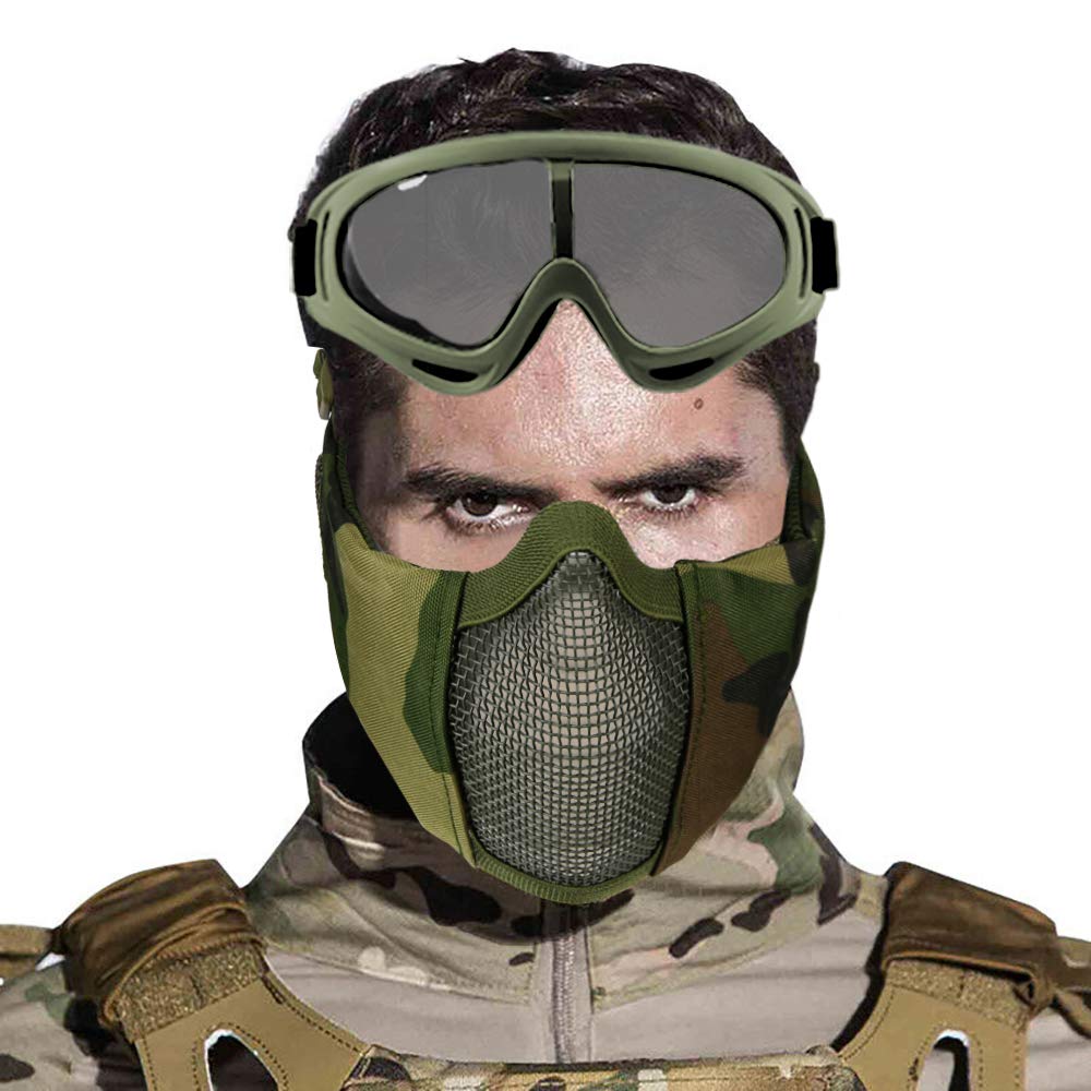 Airsoft Mask with Goggles, Foldable Half Face Airsoft Mesh Mask with Ear Protection for Paintball Shooting CS Game (Green 2)