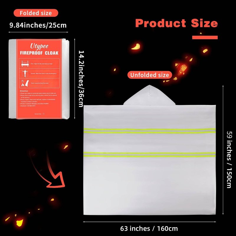 Utypee Emergency Fireproof Cloak with Hood – Silver Silicone Coated Fiberglass Fire Blanket, 59 x 63 Inches, Heat Resistant Safety Cover for Escape- fire Retardant Blanket - fire Extinguisher