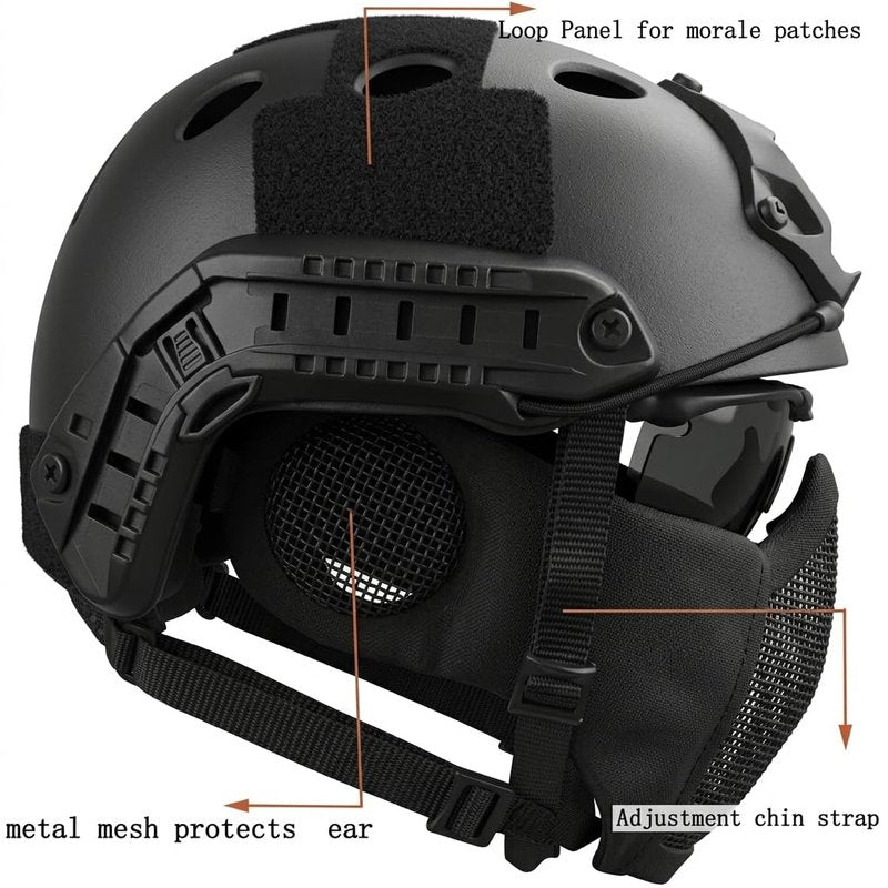 MH Tactical Fast Helmet Combined,with Foldable Ear Protection Half Face Mesh Mask and Goggles for Airsoft Paintball CS Game Set