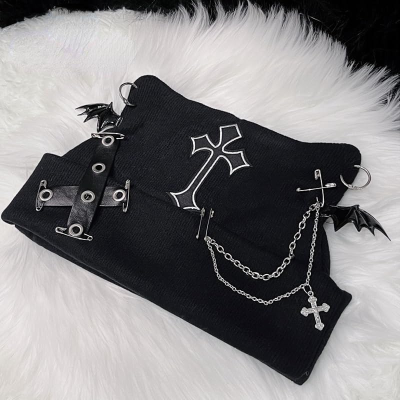 Y2K Gothic Grunge Cat Ear Bat Wing Black Beanie Hat Harajuku Punk Cross Chain Knitted Hat Women Chic Streetwear (Black)