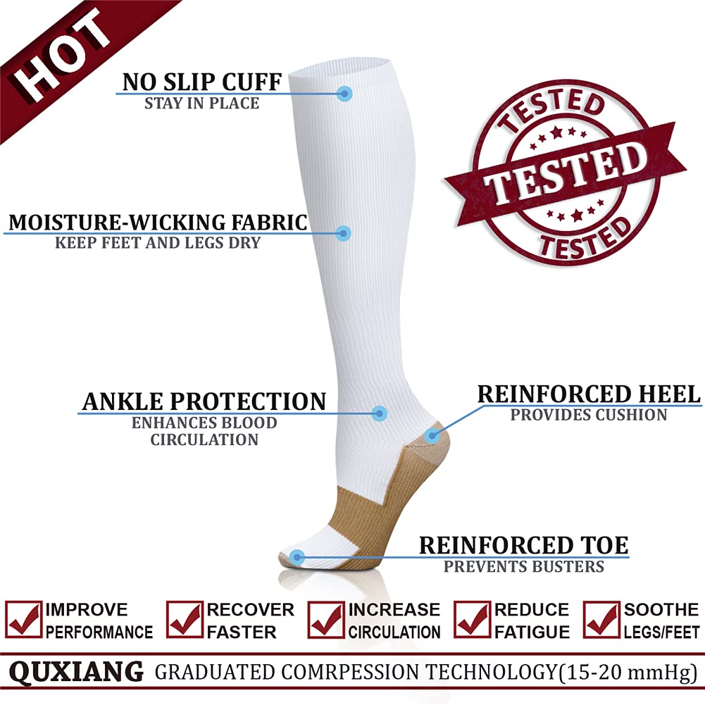QUXIANG Copper Compression Socks for Women & Men Circulation (8 Pairs) - Best for Running Athletic Cycling - 15-20 mmHg (L/XL,Multi 18)