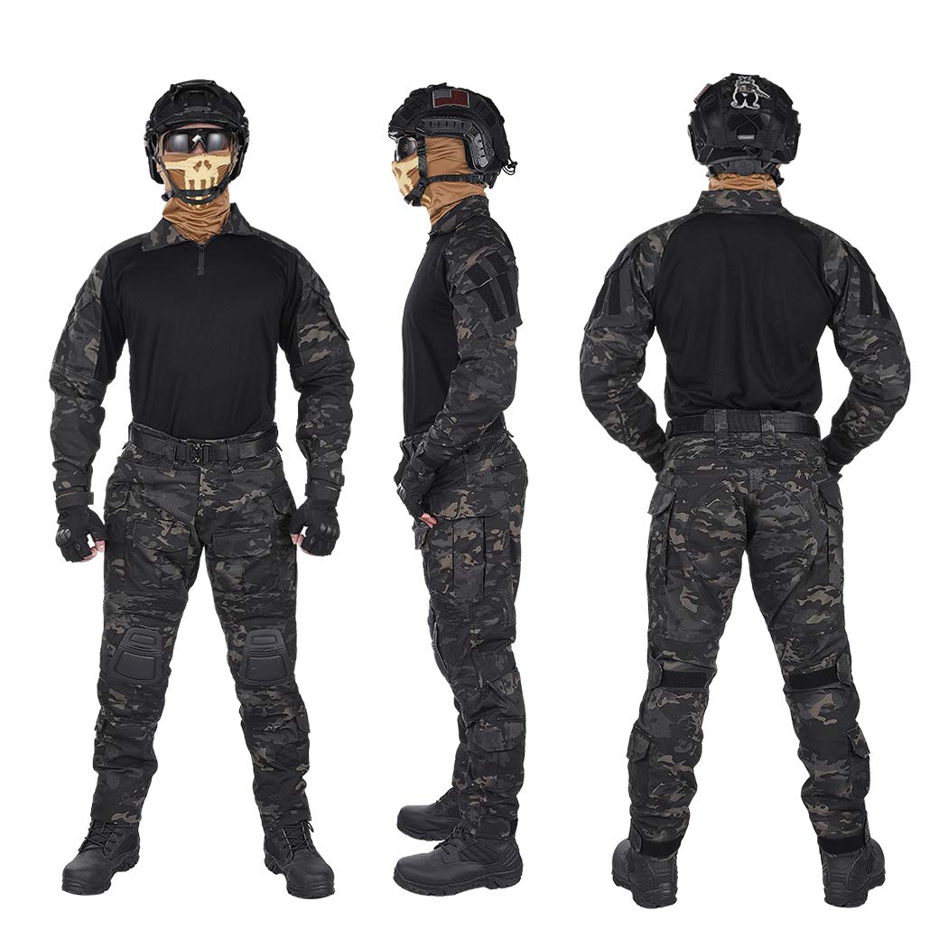 IDOGEAR Men G3 Assault Combat Uniform Set with Knee Pads and Elbow Pads Multi-Camo Camouflage BDU Clothing Tactical Airsoft Hunting Paintball Gear (Multi-Camo Black, Small)