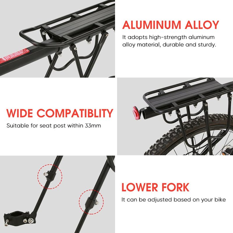 Cargo Rack Frame Mount, Adjustable Quick Release Rear Luggage Rack Touring Carrier Aluminum Alloy Mountain Road Rear Rack with Rear Reflector