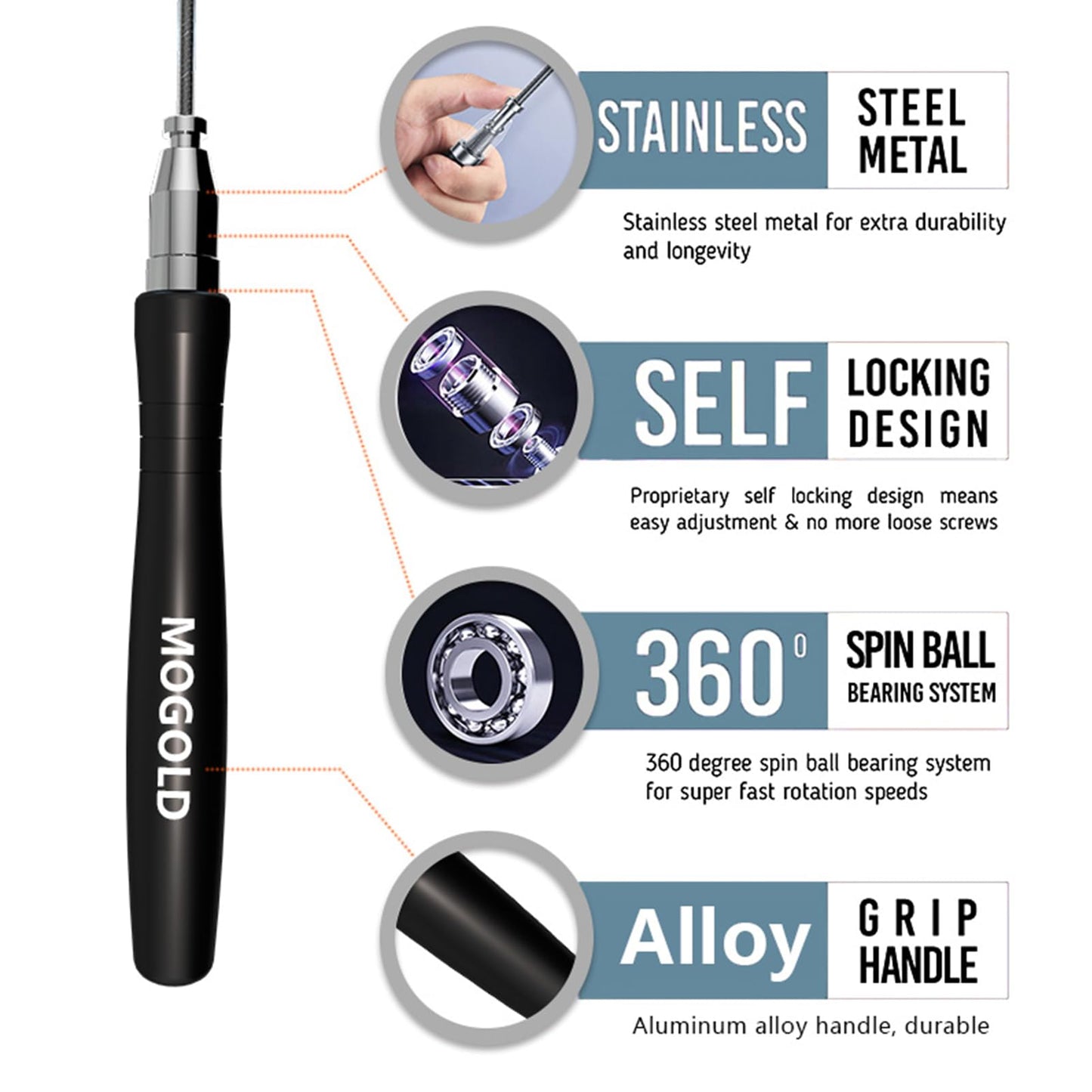 Mogold 10ft Workout Jump Rope Length Adjustable - Boxing Jump Rope with Metal Grip & 2.0mm 3.0mm Thick Cable,Self-Locking Tangle-Free, Best Cardio & Endurance Training