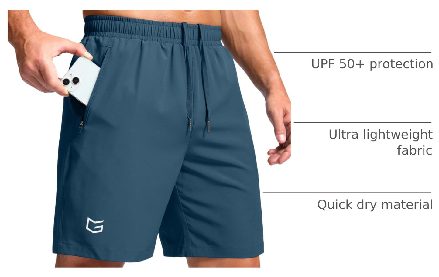 G Gradual Men's Athletic Running Shorts with Zipper Pockets Quick Dry 7"/ 5"/ 9" Workout Gym Shorts for Basketball Hiking(Dusty Blue,7M)