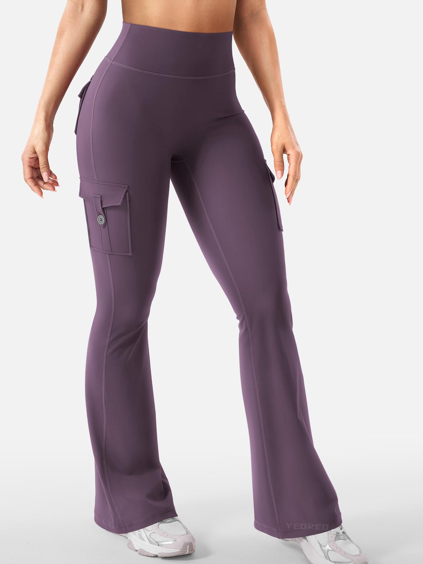 YEOREO CoreFlex Women Workout Flare Leggings with Pockets Hidden Scrunch Cargo Gym Yoga No Front Seam Leggings Black Berry Purple L