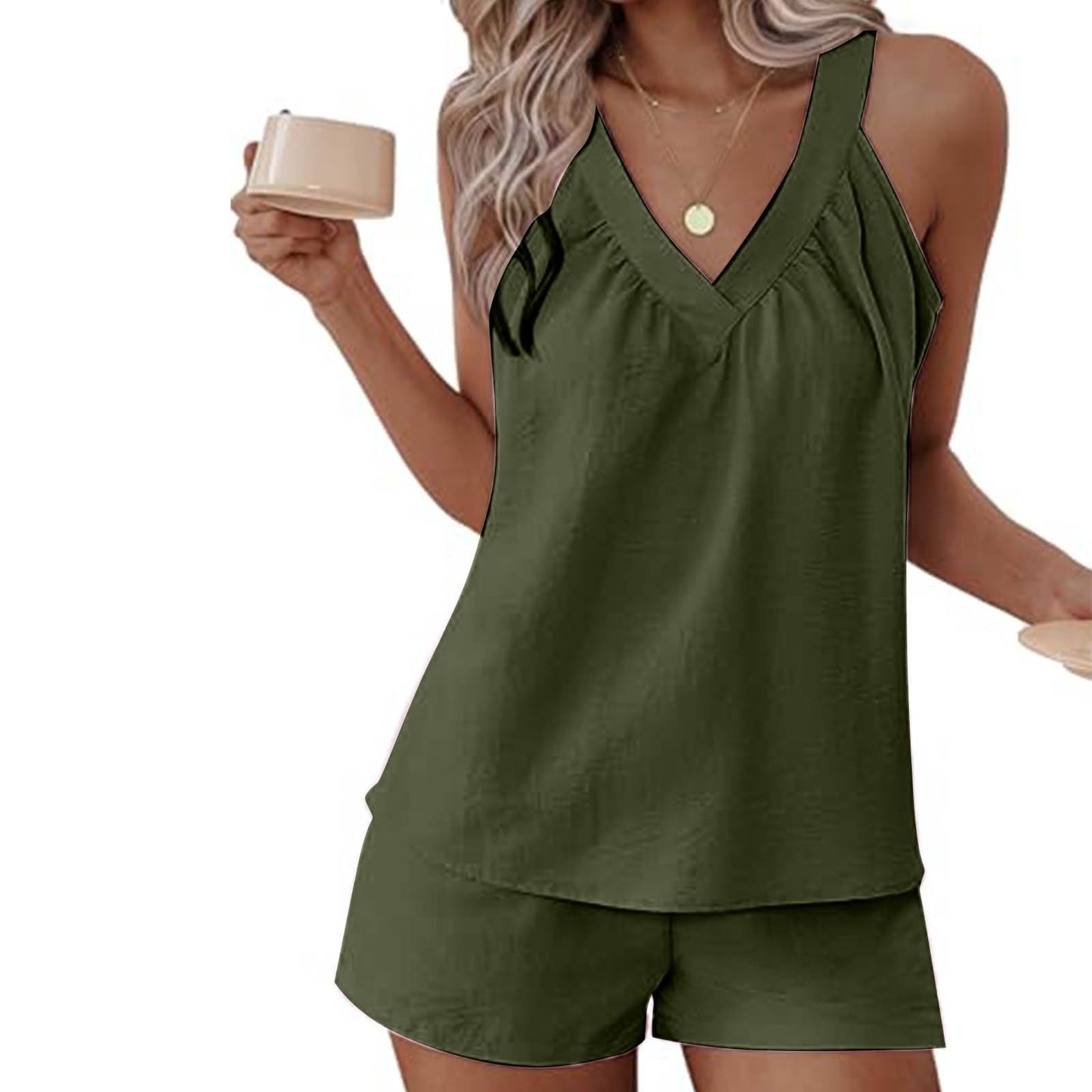 YAFINMO Deals of The Day Lounge Sets for Women 2 Piece Pajama Outfits V Neck Tank Top and Shorts with Pockets Sleepwear Vacation Set My Orders Army Green