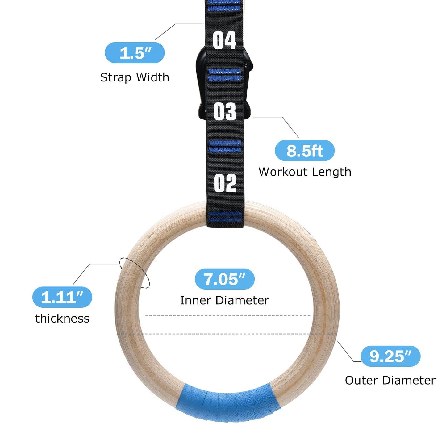 Zingtto Wooden Gymnastic Rings with Adjustable Numbered Straps. 1.1'' Olympic Rings for Core Workout, Crossfit, Bodyweight Training. Home Gym Rings with 8.5ft Exercise Straps and Workout Handles