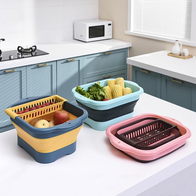 Alltiett 2.98 Gallon (11.28L) Collapsible Dish Basin with Drain Plug, Outdoor Multiuse Foldable Sink Tub, Dishpan, Wash Basin, Portable Kitchen Storage Tray for Camping, RV, Beverage Bucket (Yellow)