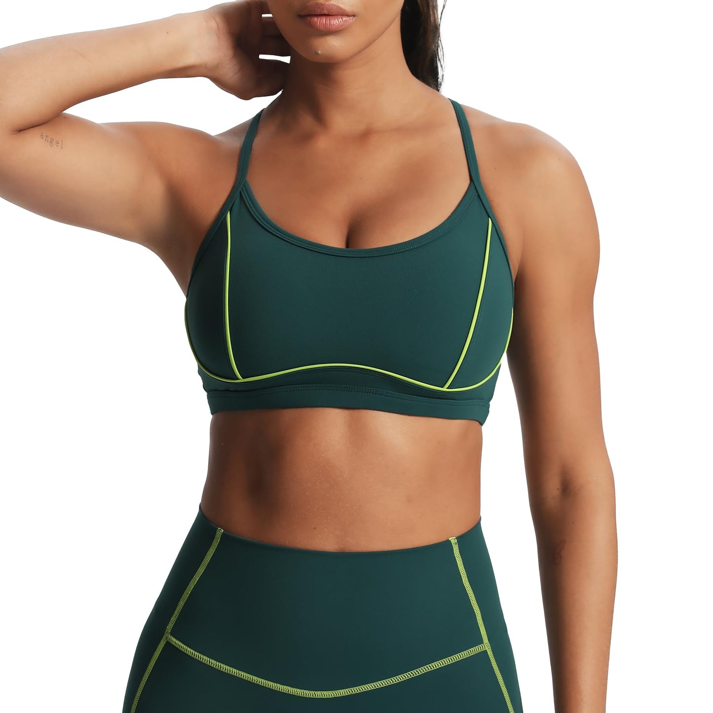 Aoxjox Women's Workout Sports Bras Fitness Training Gym Lexi Lined Bra Yoga Crop Tank (A Dark Sea Green/Lime Green, Medium)
