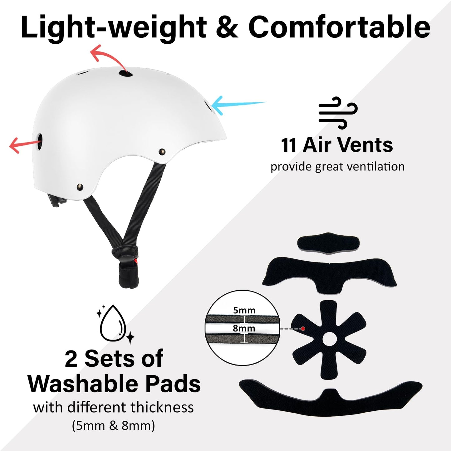 OUWOR Adult Skateboard Bike Helmet for Men and Women, Lightweight Adjustable, Multi-Sport for Bicycle Skate Scooter (White, Large)