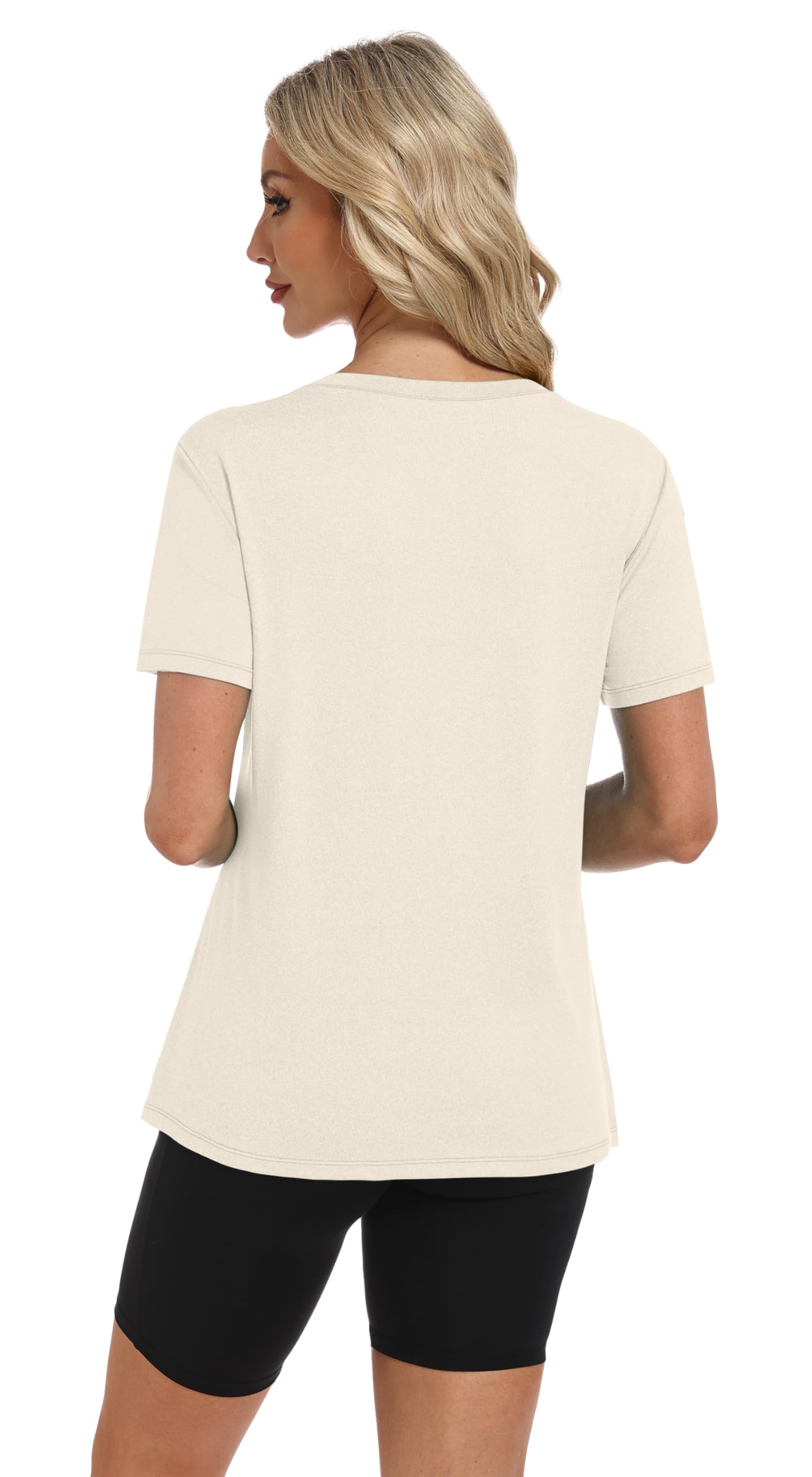 NIASHOT Summer Workout Tops for Women Womens Dry Fit T Shirts Short Sleeve Basic Fitness Clothing Womens Athletic Yoga Tops Pilates Outfits Gym Running Shirts Rash Guard Ivory L