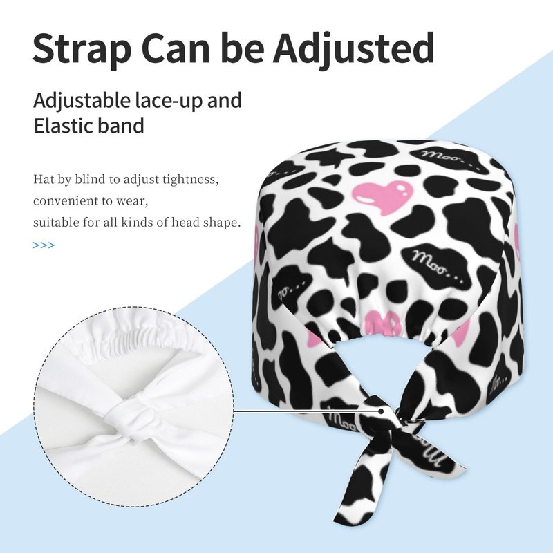 Black and White Cow Print Love Heart Cute Pink Working Cap Scrub Cap with Sweatband Adjustable Unisex Women Tie Back Hat Nurse Surgical Caps
