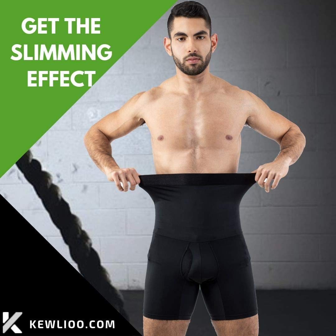 Kewlioo Men's Girdle Compression Shorts with Instant Slimming Effect & Breathable Fabric - High Waist Body Shaper Running Workout Fitness Compression Shorts Underwear Boxer Briefs - (Black, Large)