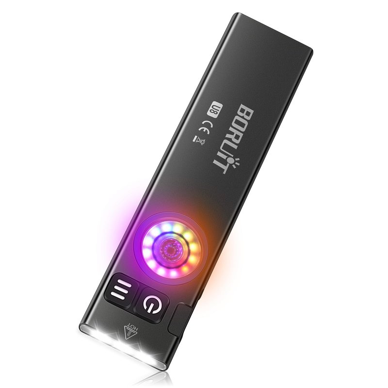 BORUIT U8 Small Flat EDC Flashlight, 650 Lumens USB-C Rechargeable Pocket Light with 100m Beam, White, Warm Yellow & RGB LEDs, IP67 Waterproof, Magnetic Tail & Clip for Camping, Work, Emergency