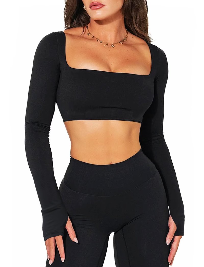 TZLDN Women's Long Sleeve Crop Tops Workout Tops Sqaure Neck Padded Gym Athletic Yoga Sports Bra Compression Shirts Black - X-Small
