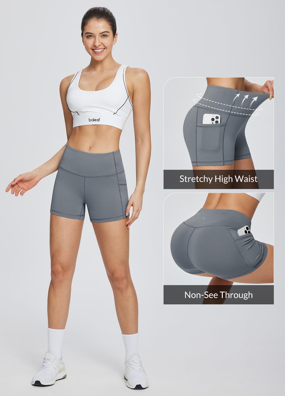 baleaf Gym Workout Shorts Women 3" Biker Yoga Spandex Running Volleyball Tummy Control Compression Short with Pockets Grey S