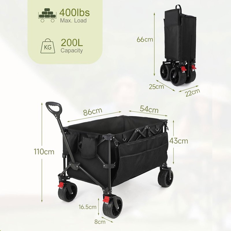 Collapsible Wagon Cart - Heavy Duty Utility Wagon with 400 lbs Capacity | 7 cu ft Storage, Big Wheels for Beach, Garden & Camping