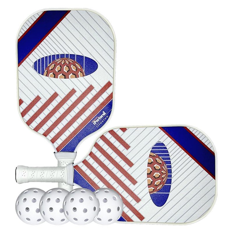 Pickleball Paddle Set Two Fiberglass Paddles & 4 White Balls with Black Bag Illusion by iPerform Brand (2 Paddles w/4 White Balls, Standard)