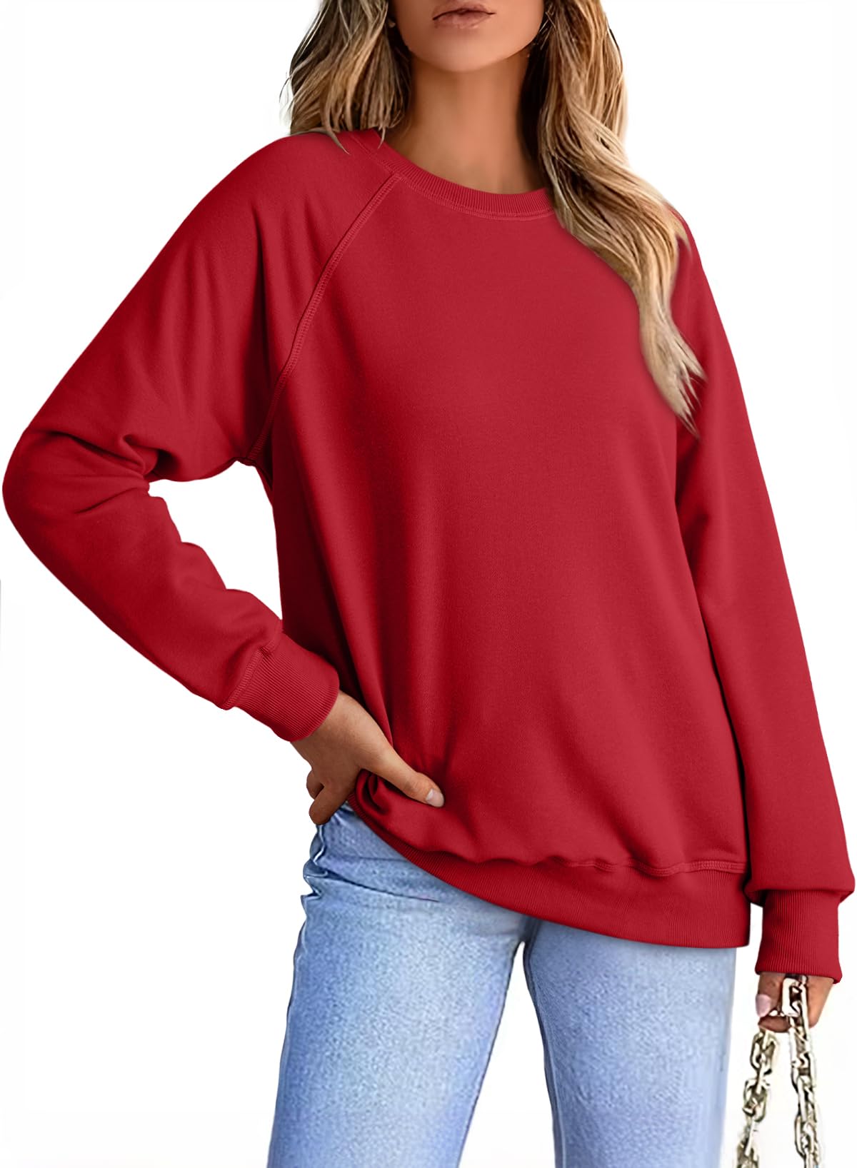 Dokotoo Womens Sweatshirt Trendy Ladies Winter Loose Fit Comfy Crewneck Ribbed Long Sleeve Tops Casual Plain Tops Blouses Fashion Shirts Thin Pullover Sweatshirts for Women Fall Outfit Wine Medium