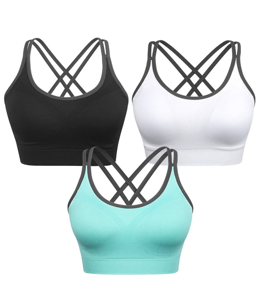 VEQKING Strappy Women Sports Bra Cross Back Yoga Sport Bras Removable Padded Workout Bras for Running Training Gym Fitness Exercise