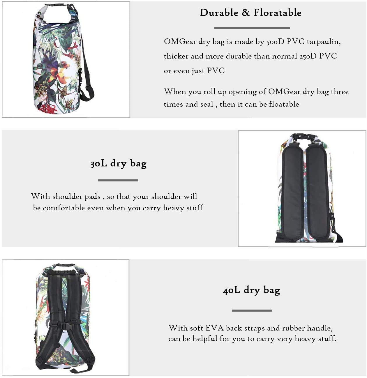 OMGear Waterproof Dry Bag Camping Gear Must Haves Dry Sack With Phone Pouch 40L/30L/20L/10L/5L Essentials for Kayaking Beach Boating River Paddling (Camouflage1,2L)