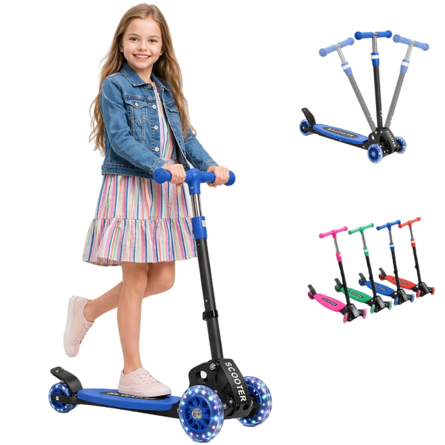 3 Wheel Scooter for Kids Ages 3-12, Lean-to-Steer Kids Kick Scooter with LED Light-Up Wheels, 3 Adjustable Heights, Foldable Design, 6" Extra Wide Deck for Boys and Girls Toy Gift -Blue