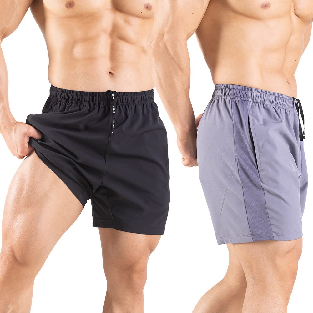 Gaglg Men's 5" Running Shorts 2 Pack Quick Dry Athletic Workout Gym Shorts with Zipper Pockets Black/Gray,XX-Large