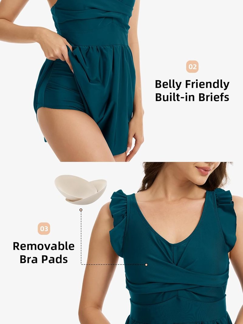 Swim Rompers for Women - V Neck Built-In Bra Swimsuit with Pockets | Tummy Control & Shorts