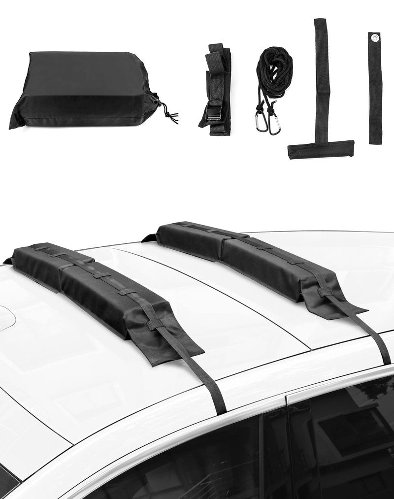 QWORK Universal Soft Roof Rack Pads with 16ft Waterproof Tie-Down Straps, Car Roof Top Carrier System for Kayak Surfboard Canoe SUP Snowboard, No Roof Rails Needed, Storage Bag