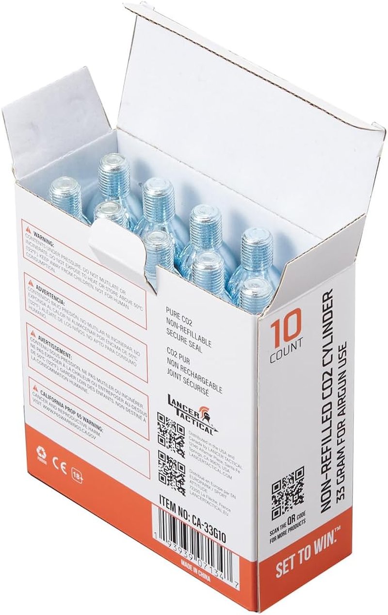 Lancer Tactical 33g CO2 Cartridges - 10 Pack for Airsoft & Airguns | Compatible with Life Jackets & Vests