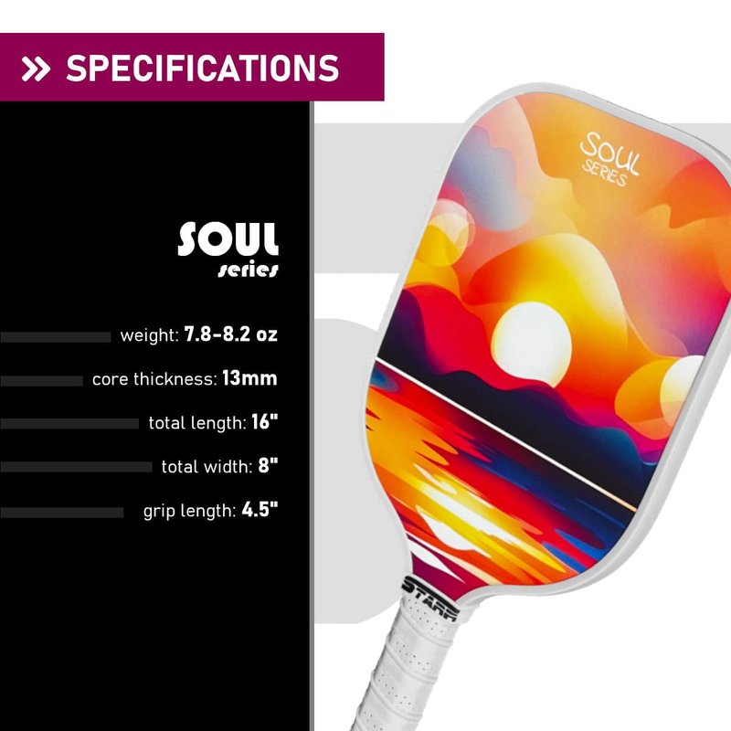 STARR Soul Series Pickleball Paddle | 13mm Honeycomb Core | Fiber Glass Surface (Soul Sunset)