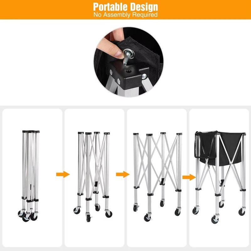 Portable tennis hopper for collecting products can hold 180 balls. The foldable tennis basket, pickleball basket, wheeled teaching vehicle, and the lightweight tennis ball carrier with wheels