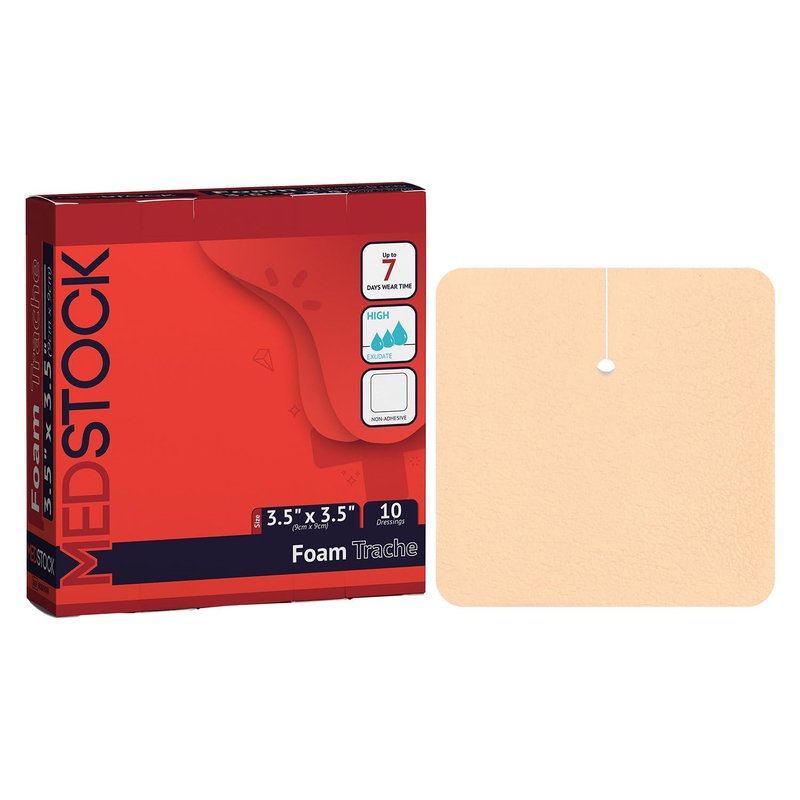 MEDSTOCK Foam Non-Adhesive Tracheostomy Dressing, TRACHY, 3.5"x3.5" (Pack of 10), Wound Care, High Absorption, Stoma Management, Drain Management, CMC Granules