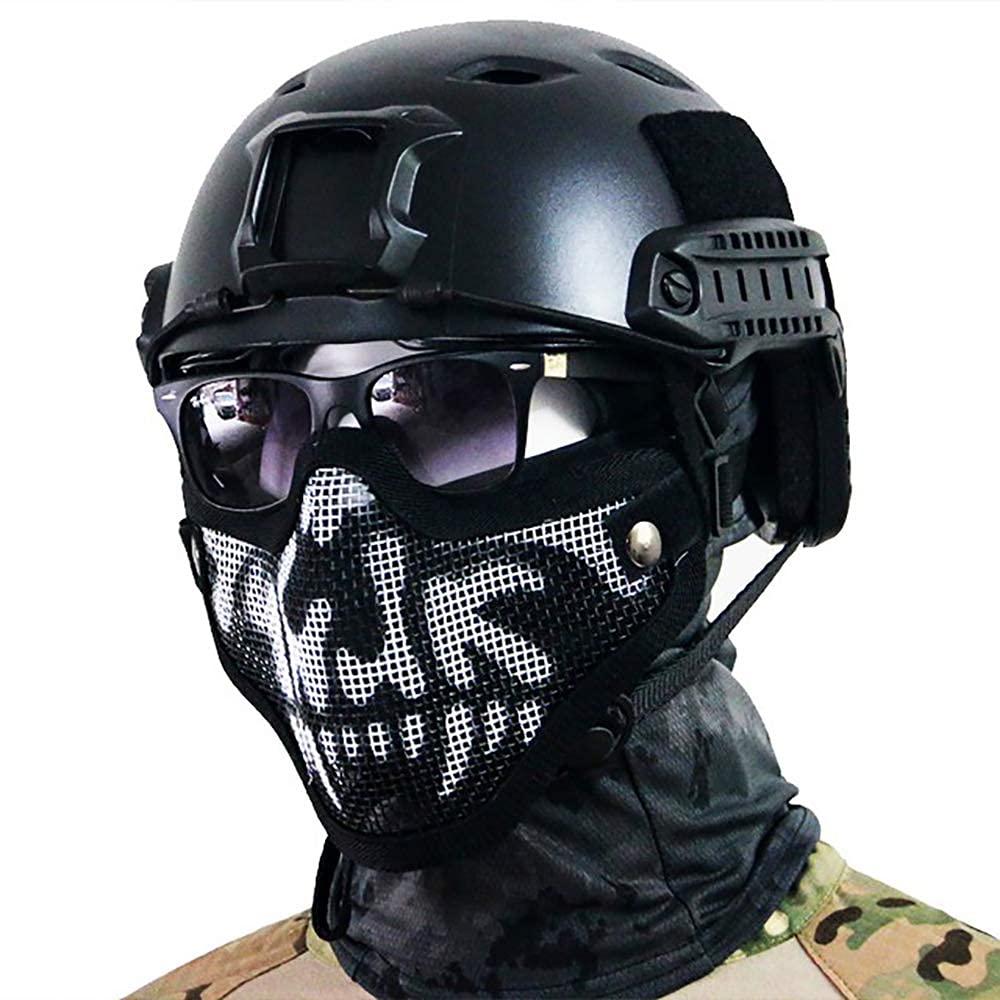 Aoutacc Airsoft Half Face Mask Steel Mesh and Goggles Set, Paintball Masks Protection Gear for Paintball BBS CS Nerf Game Cosplay Halloween Costume Accessories (Black with Pattern)
